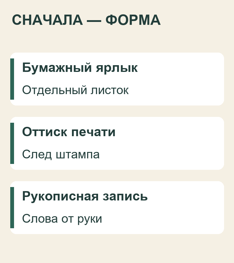 Формы отметок в книге: ярлык, оттиск печати и рукописная запись
