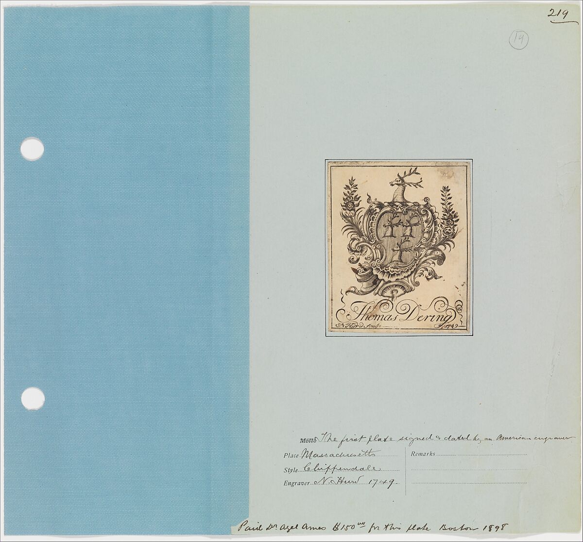 Экслибрис Томаса Деринга 1749 года на альбомном листе